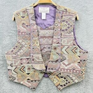 Longhorn Niver Western Wear Vest Womens Large Beige Patchwork Metal Clasp Aztec